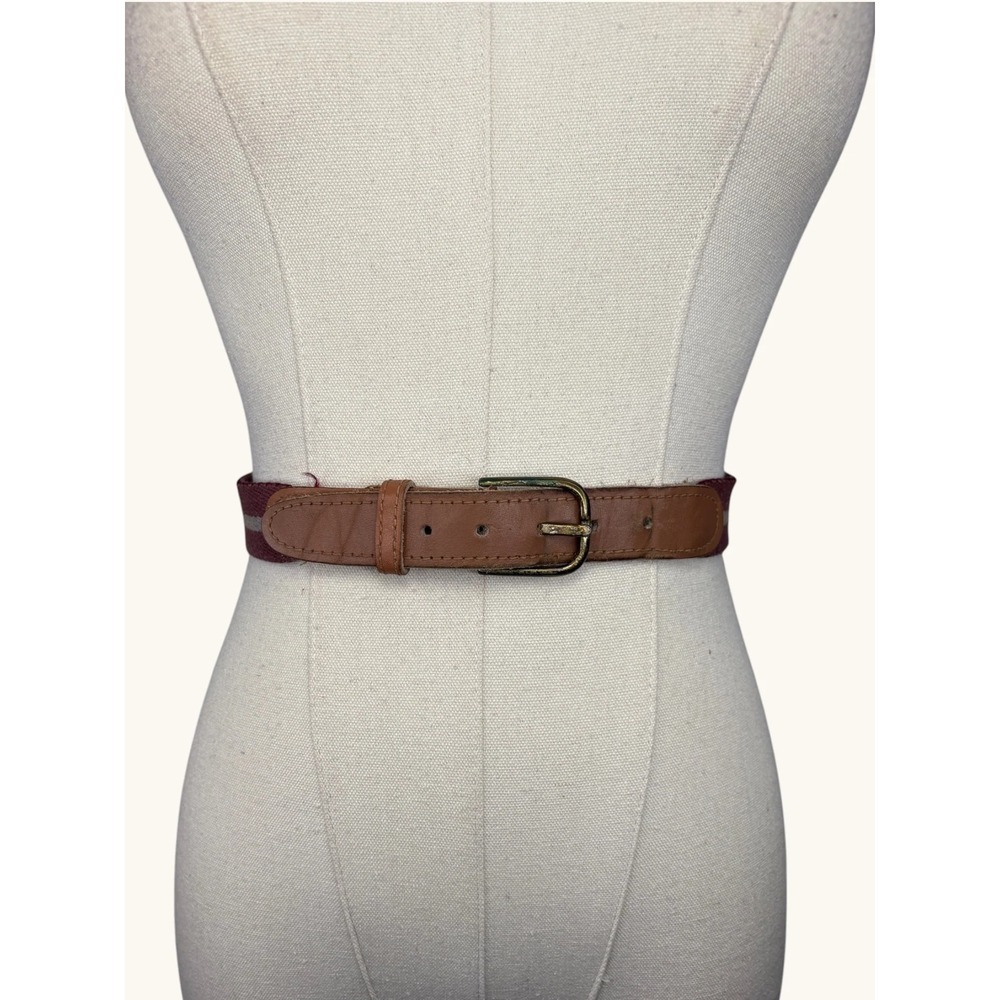 Vintage Maroon Grey Striped Canvas Web Belt Tan Leather Trim Brass Buckle L